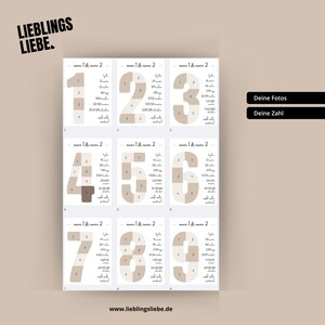 Ein Raster von neun nummerierten Karten mit einem Beige- und Weiß-Farbschema. Jede Karte zeigt eine große Zahl, unterteilt in Abschnitte, mit begleitendem Text. In der oberen linken Ecke des Bildes steht der Text "LIEBLINGS LIEBE."