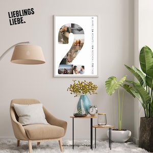 May include: A framed photo collage in a white frame, featuring the number "2" filled with various photos. Text on the frame reads "2 Jahre, 24 Monate, 104 Wochen, 730 Tage." The words "LIEBLINGS LIEBE" are in the upper left corner.
