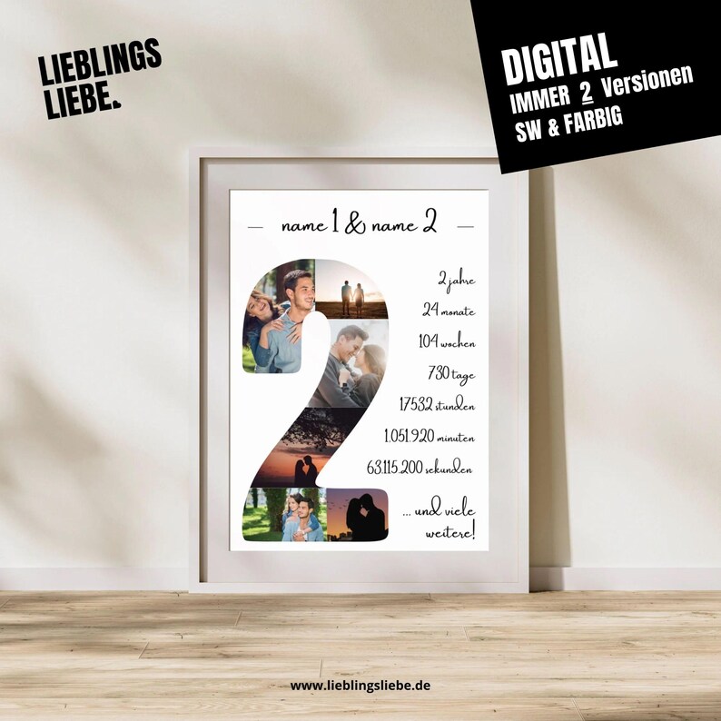 Ein Poster mit einer Zahl. Die Zahl enthält persönliche Fotos. Darüber stehen zwei Namen. Die Zahl, die Fotos und die Namen können individualisiert werden.
Für Jahrestag Geschenk, Hochzeitstag, Verlobung, Valentinstag,... geeignet.