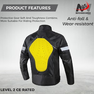 May include: Black motorcycle jacket with a yellow back protector. The jacket has reflective stripes on the sleeves and the text "PRODUCT FEATURES" and "Anti-fall & Wear-resistant". The jacket is labeled "LEVEL 2 CE RATED".