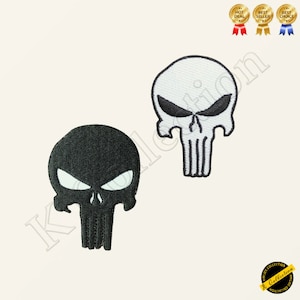 May include: Two embroidered patches featuring the Punisher skull logo. One patch is black with white eyes and the other is white with black eyes.