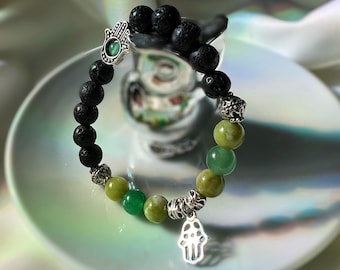 Hamsa Hand Green Jade & Aventurine Lava Rock Chakra Bracelet