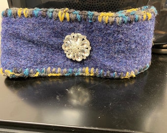 Blue felted head band with crystal pin