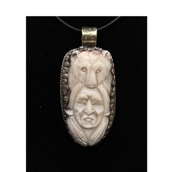 Lady with Bear Hand Carved Bone Pendant | Tibetan Silver | Nepal Jewelry| Ethnic Jewelry/ pendant only