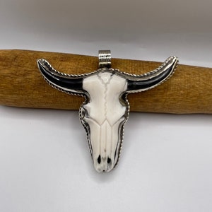 Large Carved bull head /handmade / bone pendant // Tibetan silver (0076)pendant only