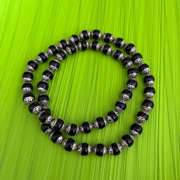 50 pcs Beads Black Onyx Silver Cap Beads For Necklace Bracelet | Tibetan Silver | Nepal Beads | Himalayan | Spacer Beads | 10 X 8 mm