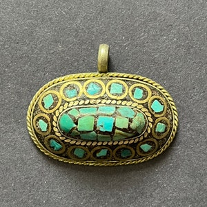 Inlaid Turquoise Pendant, Brass or Copper Back, Ethnic, Tribal, Himalayan, Tibetan Jewelry, Nepal(0144) pendant only