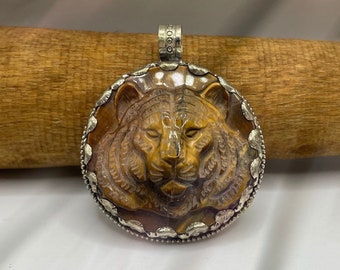 Tiger eye ( tiger pendant) with Tibetan silver (0062) pendant only
