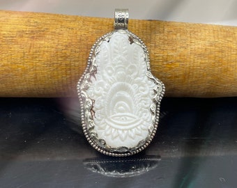 Hamsa bone pendant with Tibetan silver (0103) pendant only