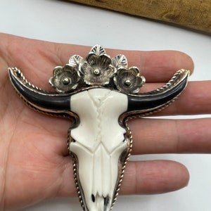 Large Hand carved bone bull head pendant with Tibetan silver 0080 image 5