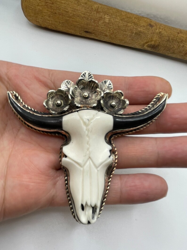 Large Hand carved bone bull head pendant with Tibetan silver 0080 image 5