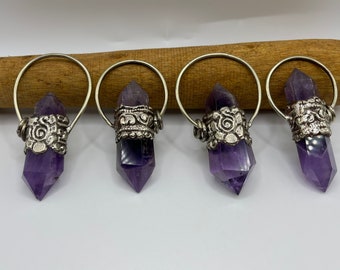 Double Point Amethyst Pendant In Tibetan Silver, Double Terminated Amethyst Pendant, Himalayan Jewelry, Healing Gemstone, Nepal(0047)