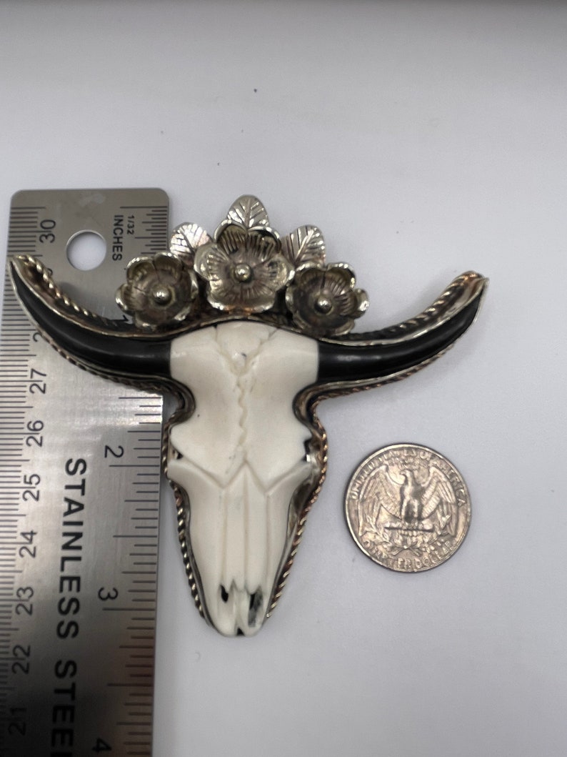 Large Hand carved bone bull head pendant with Tibetan silver 0080 image 4