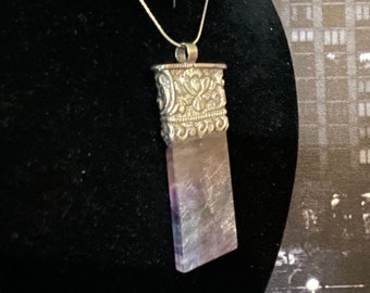 Natural rainbow flat fluorite with Tibetan silver (0172) pendant only