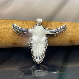 Hand carved bone bull head with Tibetan silver (0074)pendant only