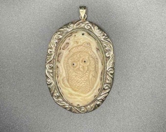 Handcarved Owl Pendant In Tibetan Silver, Himalayan Jewelry, bone pendant Nepal(0033) pendant only