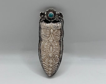 Owl pendant/ bone with Tibetan silver (0211) pendant only