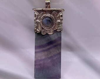 Natural rainbow flat fluorite pendant with Tibetan silver ( 0173) pendant only