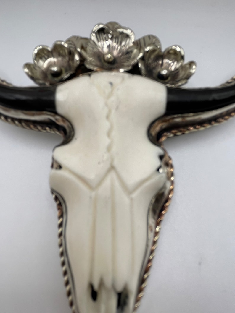 Large Hand carved bone bull head pendant with Tibetan silver 0080 image 7