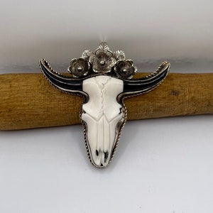 Large Hand carved bone bull head pendant with Tibetan silver 0080 image 1
