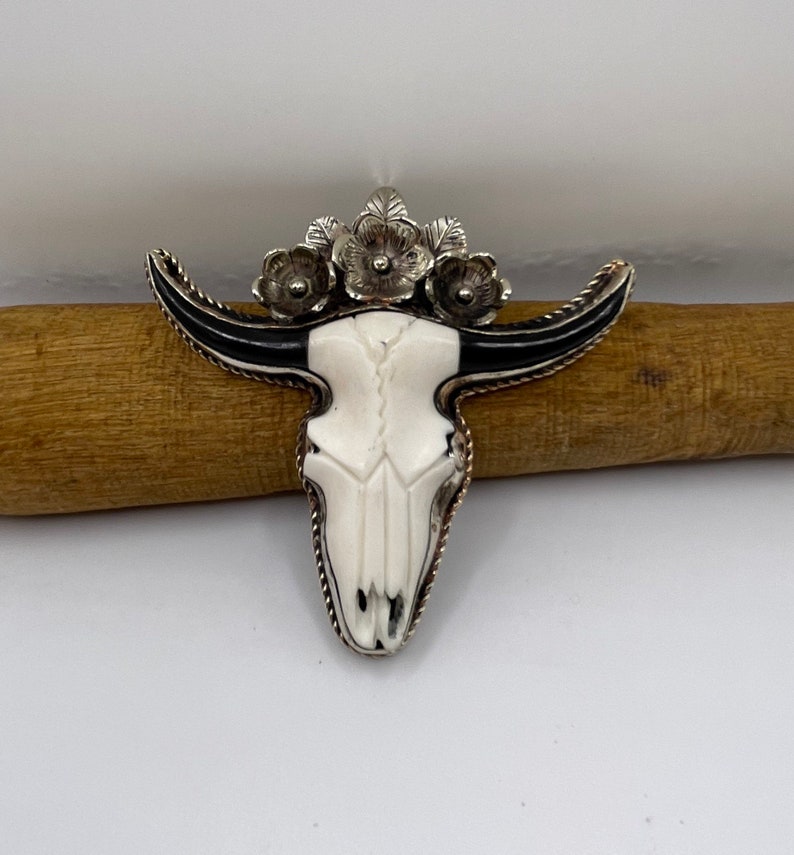 Large Hand carved bone bull head pendant with Tibetan silver 0080 image 1