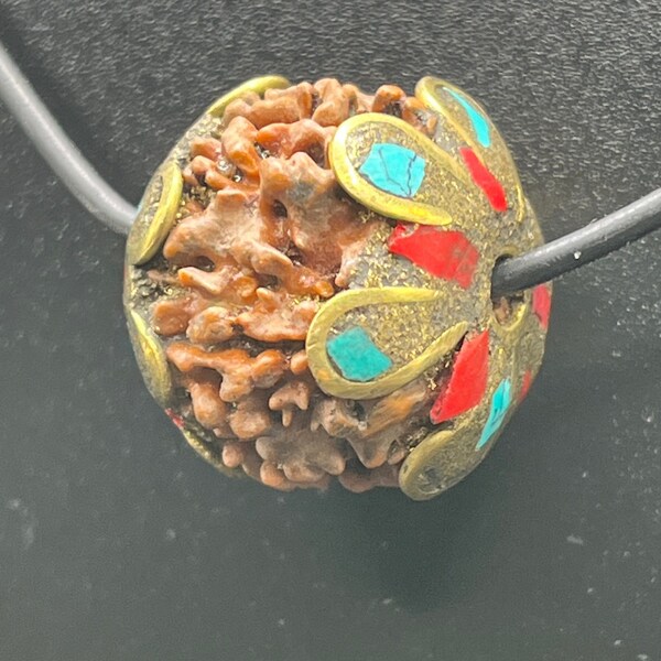 Rudraksha Brass Beads with Inlaid Turquoise and Coral for Necklace | Tribal | Ethnic| Himalayan | Nepal | Handmade(0121) price for 1pc only