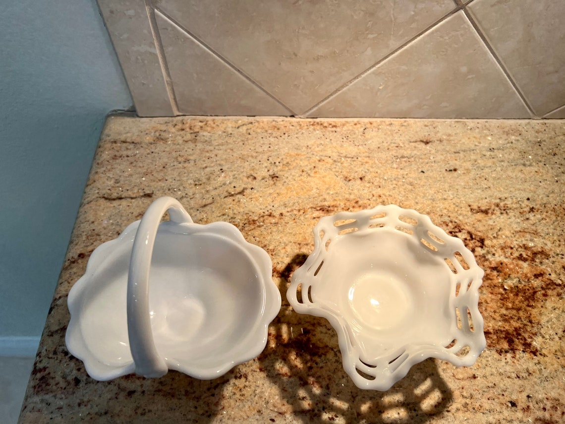 Vintage Milk Glass Basket and Bowl Etsy