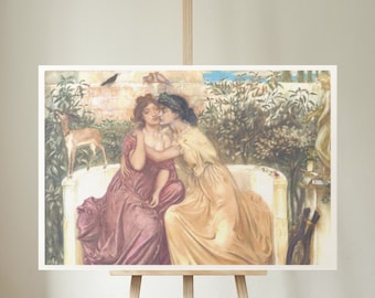May include: A painting of two women in a garden setting. The women are dressed in flowing robes and are embracing each other. The background features lush greenery and a small deer.