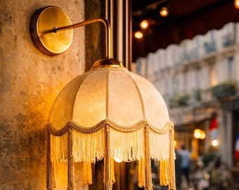 Vintage fluwelen wandkandelaar, crèmekleurige stoffen lampenkap met kwastjes, gouden arm, Parijse caféverlichting, gezellige slaapkamerverlichting