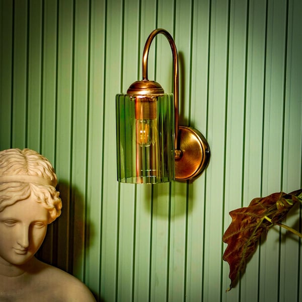 Retro grüne Glas Wandleuchte, Wandleuchte, Mitte des Jahrhunderts moderne Wandleuchte, Vintage inspirierte gewellte Glaswandleuchte, Badezimmer Eitelkeit Licht