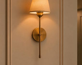Antieke wandlamp, vintage wandlamp, wandlamp in mid-century modern stijl, wandlamp met linnen kap, leeslampje voor naast het bed, wandlamp met stekker