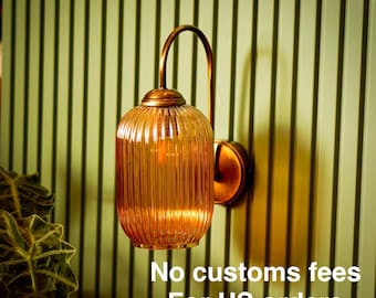 Vintage Inspired Amber Glass Sconce, Wall Lighting Fixture, Mid Century Modern Wall Lamp, Aged Brass Coated Sconce, Glass Wall Lamp