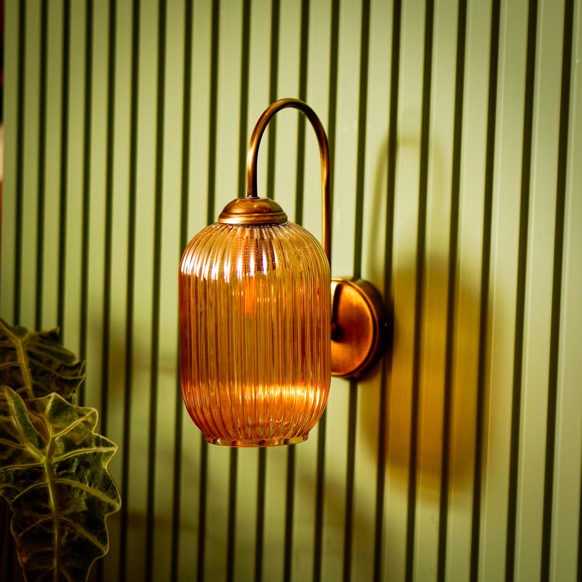 Vintage Amber Glass Wall Sconce - Art Deco Flush Mount Light With Blown Glass Scallop Shade For Living Room, Bedroom, Hallway