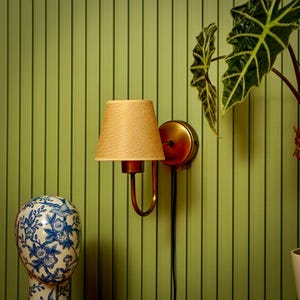 Wall Sconce with Linen Lampshade, Wall Lighting Fixture, Mid Century Modern Wall Lamp, Aged Brass Coated Sconce, Bathroom Vanity Light