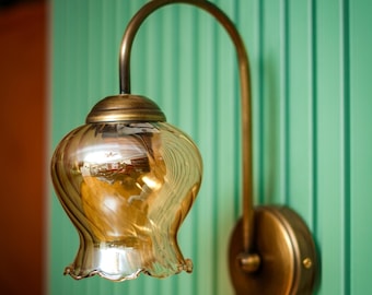 Vintage Inspired Amber Glass Sconce, Wall Lighting Fixture, Mid Century Modern Wall Lamp, Aged Brass Coated Sconce, Glass Wall Lamp