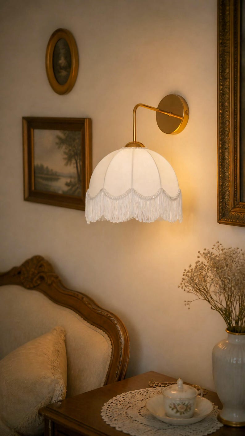 May include: A wall-mounted lamp with a white, scalloped shade and fringe trim. The lamp has a gold-colored arm and base. The image also shows framed artwork and a decorative vase, suggesting a vintage or antique aesthetic.