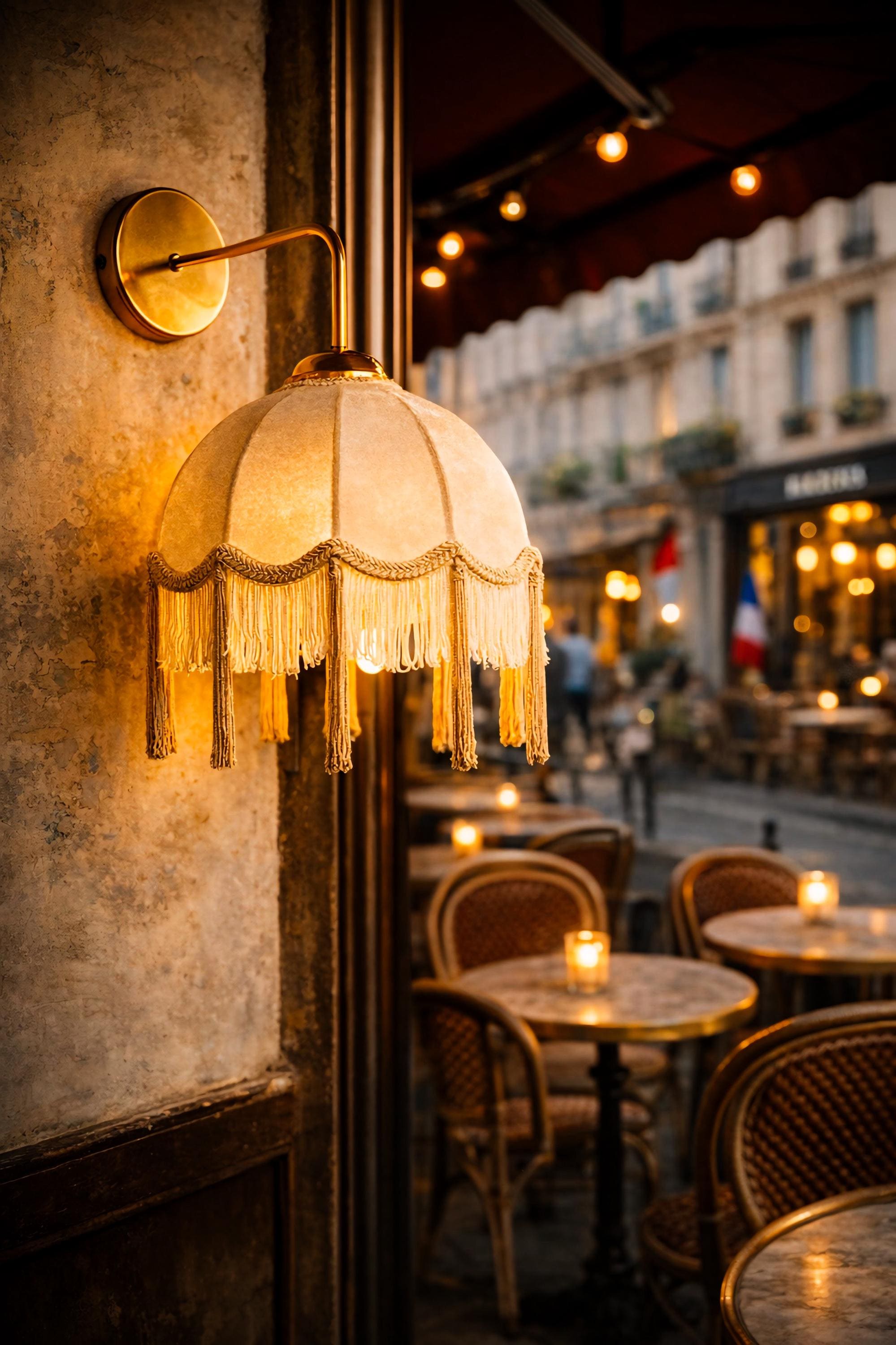 Vintage Velvet Fringe Wall Sconce, Cream Fabric Lampshade With