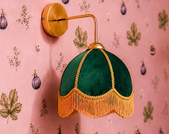Smaragdgroene fluwelen wandkandelaar met franje, vintage fluwelen wandkandelaar, Victoriaanse Cottagecore-verlichting, retro hotelverlichting