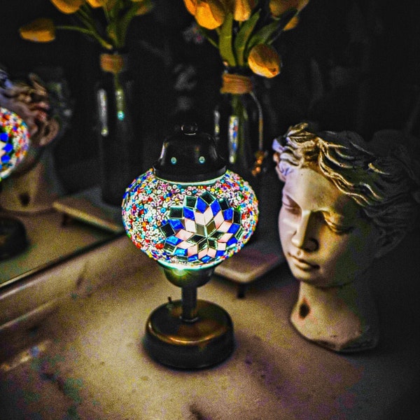 Mosaic Turkish Lamp, Cordless Turkish Lamp, Cordless Led Table Lamp, Battery Powered Mosaic Lamp, Cordless Bedroom Lamp