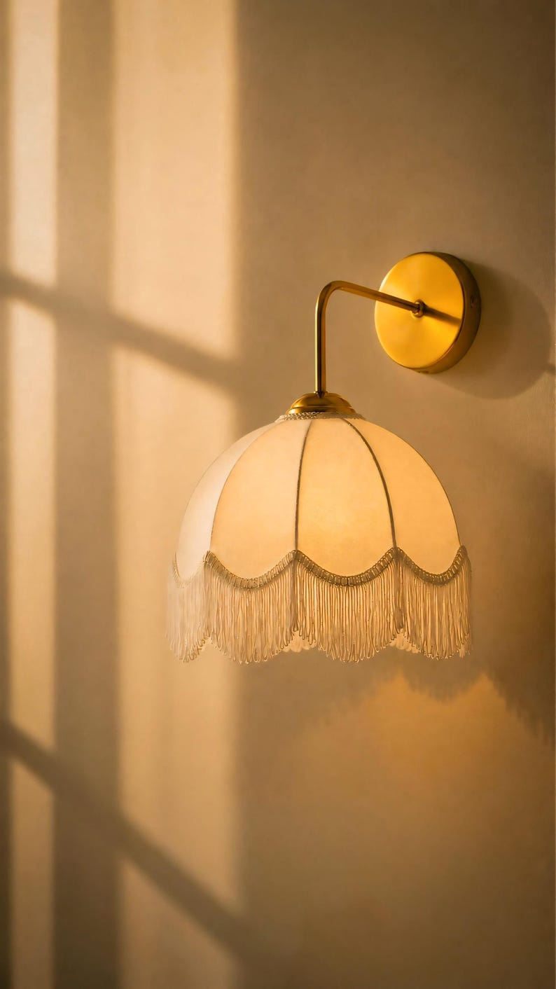 May include: A wall-mounted lamp with a cream-colored, fringed shade. The lamp has a brass-colored arm and a circular base. The shade is dome-shaped and has a scalloped edge with hanging fringe. The lamp is mounted on a light-colored wall.