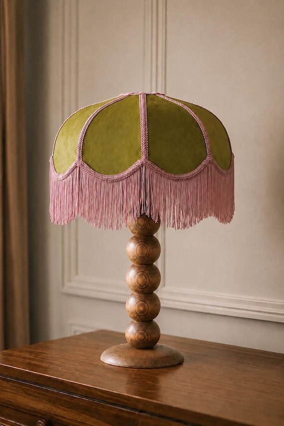 Vintage Velvet Lampshade, Olive Green Pink Boho Bedside Lamp, Handturned Wooden Lamp Base, Mid Century Modern Table Lamp with Fringe