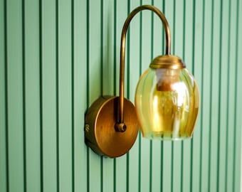 Mid-Century Amber Glass Sconce, Wall Lighting Fixture, Retro Glass Wall Lamp, Aged Brass Coated Sconce, Glass Wall Lamp