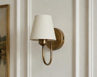 Vintage messing wandlamp, wandlamp met stekker, wandlamp met stoffen kap, wandlamp in mid-century stijl, bedrade nachtlamp, leeslamp voor de slaapkamer