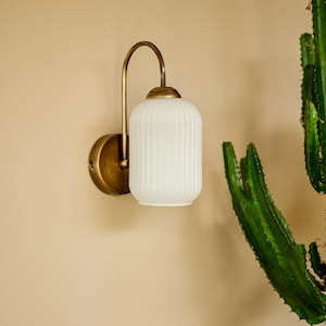 Vintage Inspired White Glass Sconce, Wall Lighting Fixture, Mid Century Modern Wall Lamp, Aged Brass Coated Sconce, Glass Wall Lamp