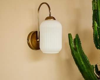 Vintage Inspired White Glass Sconce, Wall Lighting Fixture, Mid Century Modern Wall Lamp, Aged Brass Coated Sconce, Glass Wall Lamp