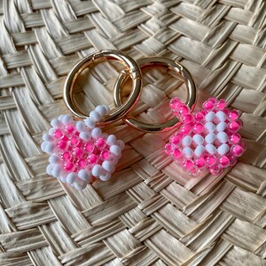 Beaded Keychain; Heart Shaped Keychain; Pink and white keychain