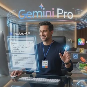 Op de afbeelding: Een man zit aan een bureau in een kantoor en communiceert met een computer en holografische displays. De displays tonen tekst, pictogrammen en een kom met eten. De tekst "Gemini Pro" en "NotebookLM" zijn zichtbaar.