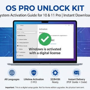 Pode incluir: Um ecrã de laptop mostra "O Windows está ativado com uma licença digital" com uma marca de verificação verde. A imagem é intitulada "OS PRO UNLOCK KIT" e inclui ícones para todos os idiomas, ativação vitalícia, 32/64 bits e entrega instantânea.