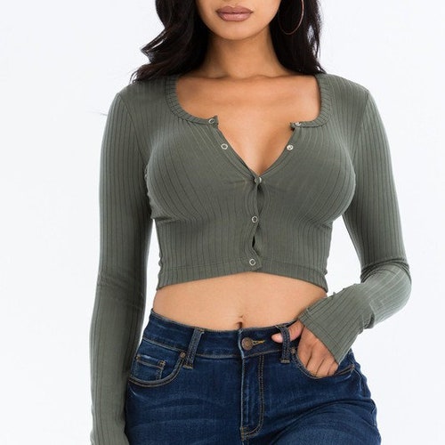 olive green crop top long sleeve