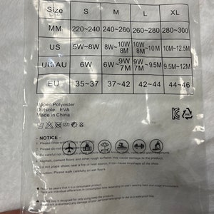 May include: A white and gray size chart for women's shoes with measurements in millimeters, US sizes, UK/AU sizes, and EU sizes. The chart is printed on a clear plastic bag with a notice about care instructions and a warning about the bag's use.
